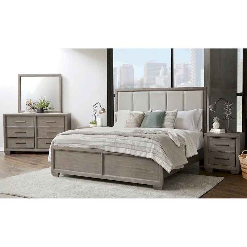 Gray Wood Bedroom Upholstered Bed, Dresser, Mirror, 2 Fabric Nightstand, And Chest - Queen - Photo 2