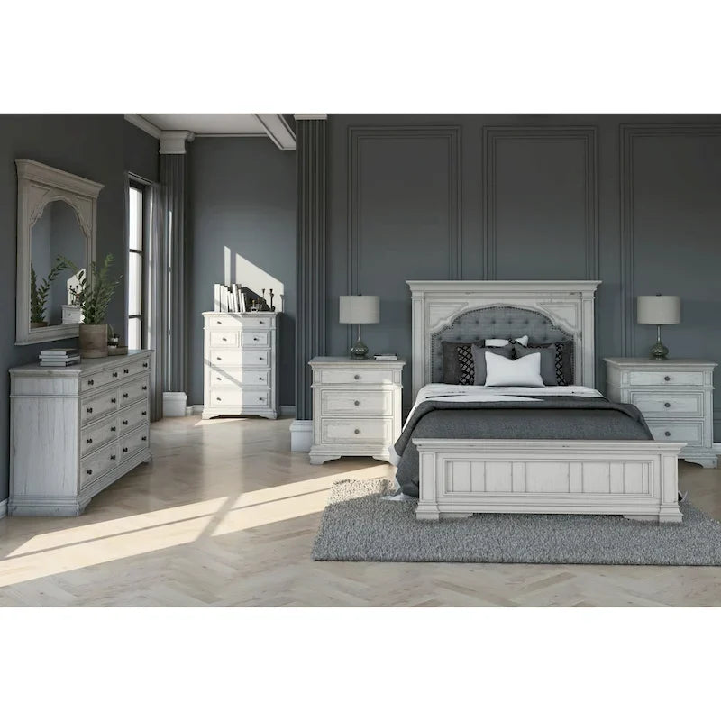Fabric Steve Silver Havenwood 6 - Piece Upholstered Panel Bedroom Set - Distressed Rustic Ivory, Queen - Photo 2