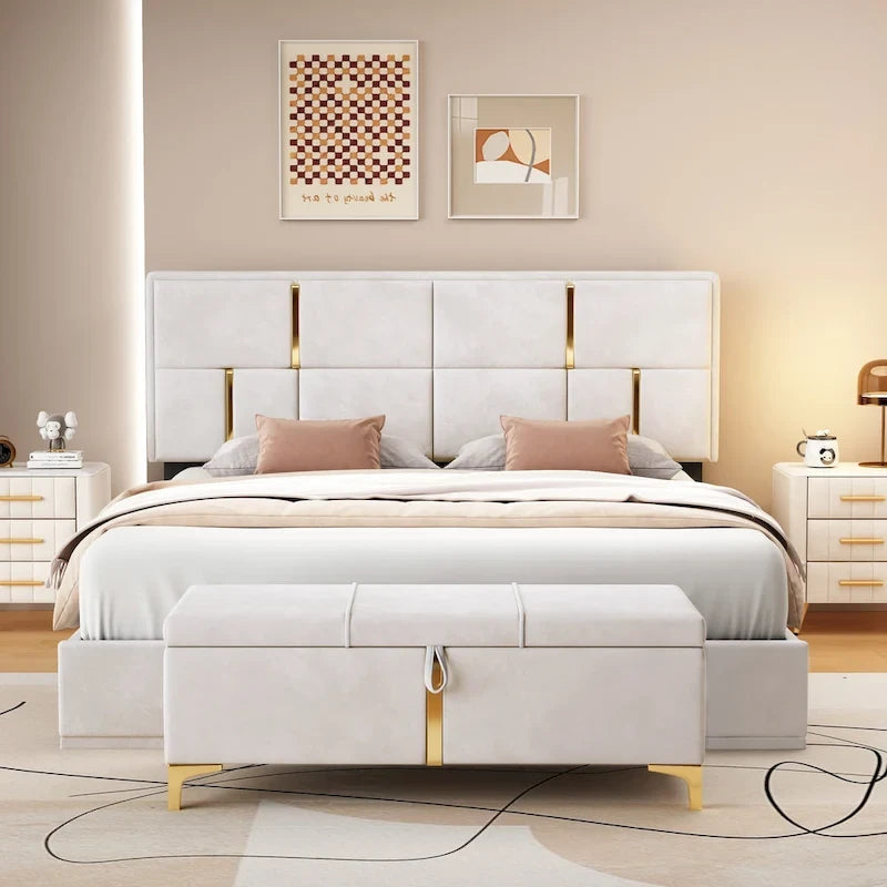 2-Pieces Bedroom Sets Queen Size Bed with Storage Ottoman