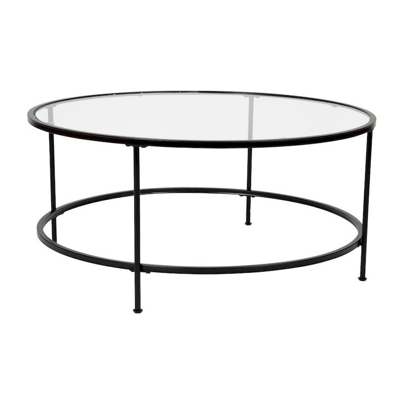 Glass Living Room Coffee Table with Round Metal Frame