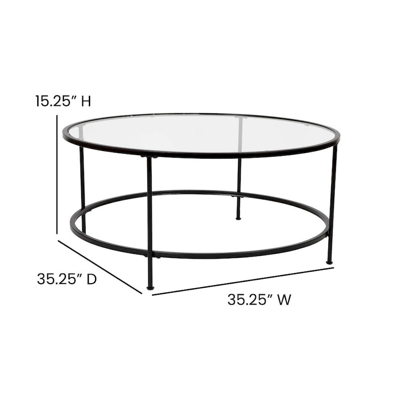 Glass Living Room Coffee Table with Round Metal Frame