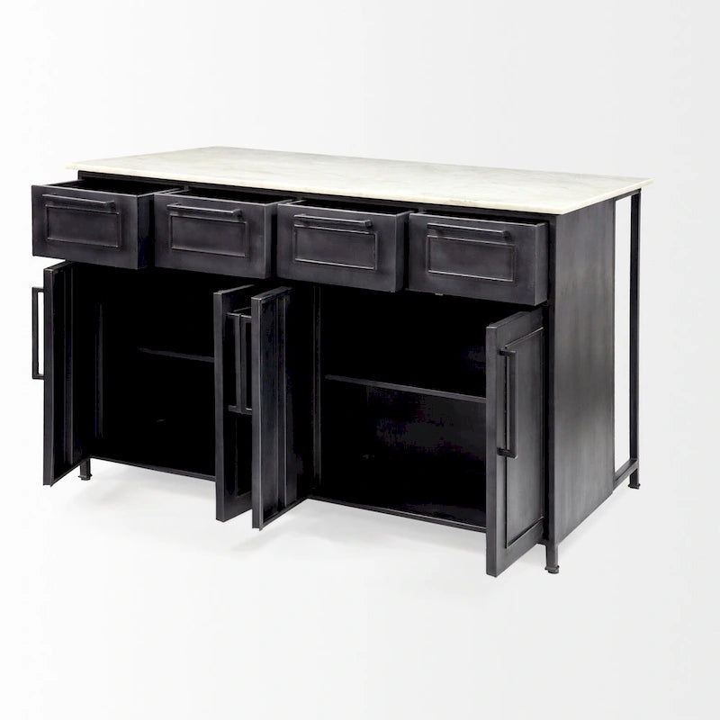 Fieri White Marble Top W/black Solid Iron Frame Kitchen Island - 58"w X 32"d X 37"h - Photo 6