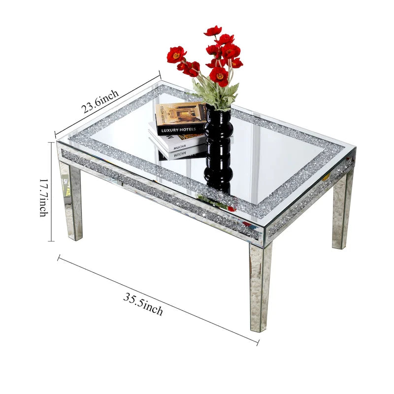Rectangle Coffee Table with Crystal Inlay Mirrored Silver Center Table