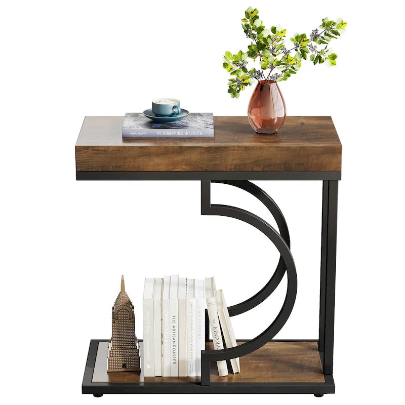 2 Tiers C Shaped Narrow End Chairside Table for Living Room
