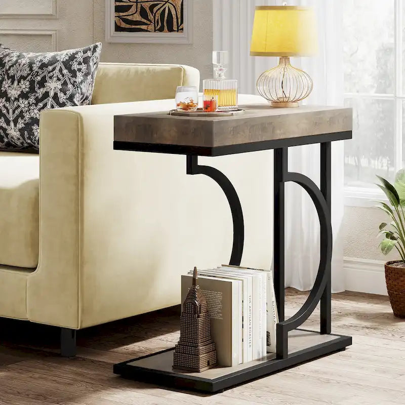 2 Tiers C Shaped Narrow End Chairside Table for Living Room