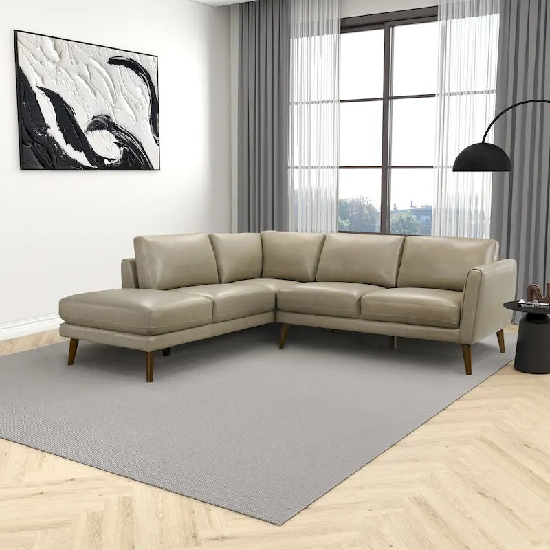 Living Room Corner Leather Solid Wood Sectional Sofa - Tan, Left Facing - Photo 2