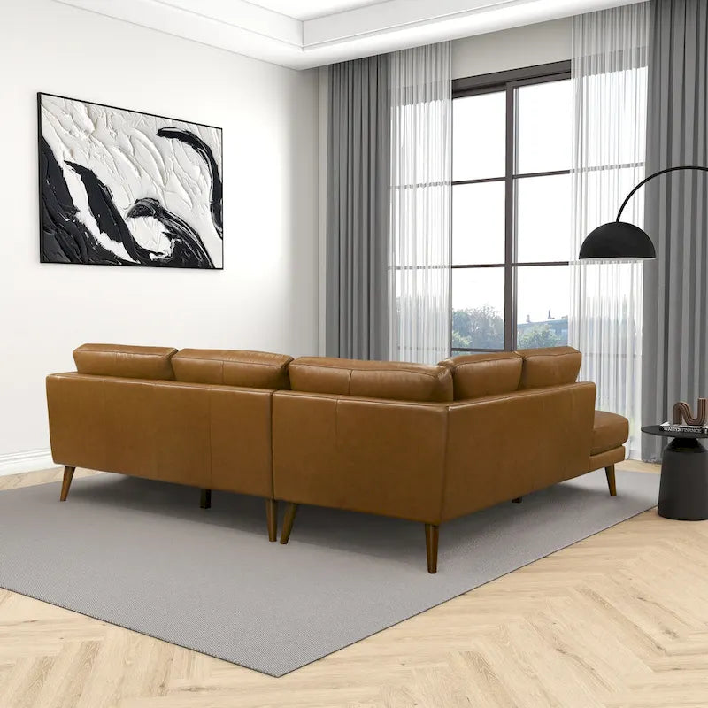 Living Room Corner Leather Solid Wood Sectional Sofa - Photo 9