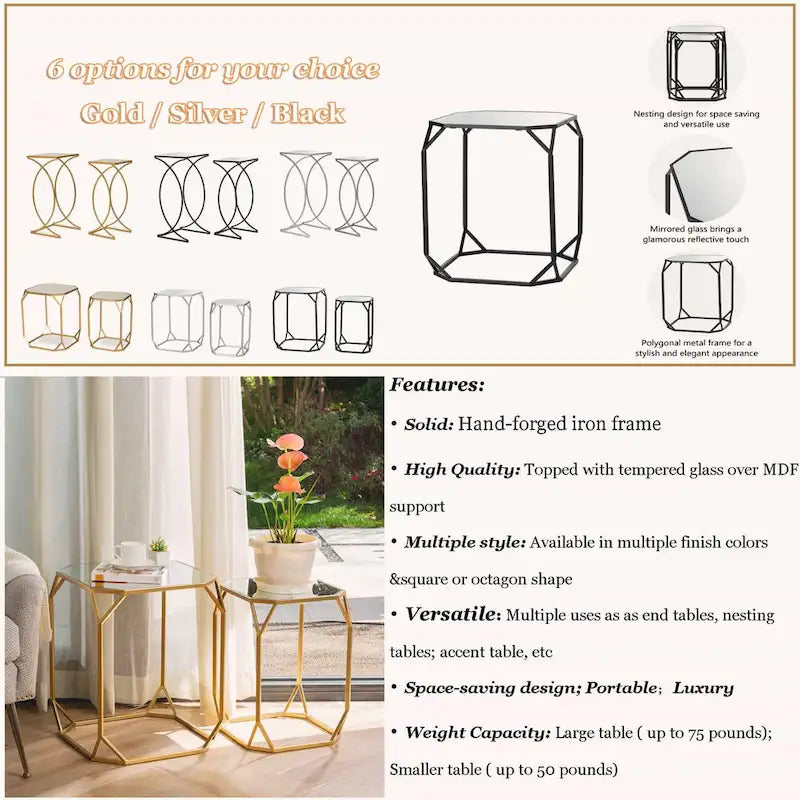 Glitzhome Set of 2 Glam Glass Modern Side Table Sofa Table