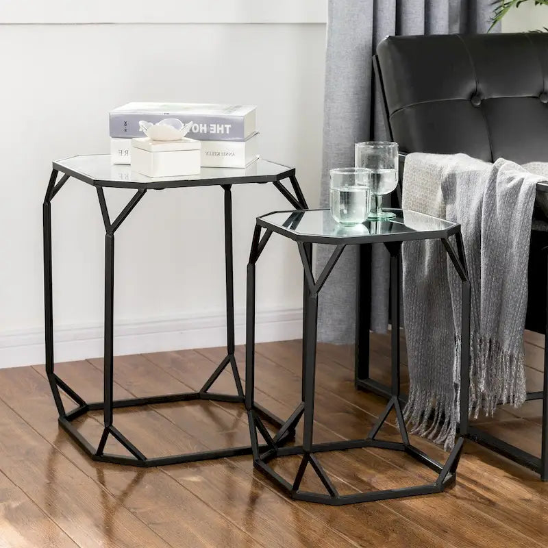 Glitzhome Set of 2 Glam Glass Modern Side Table Sofa Table