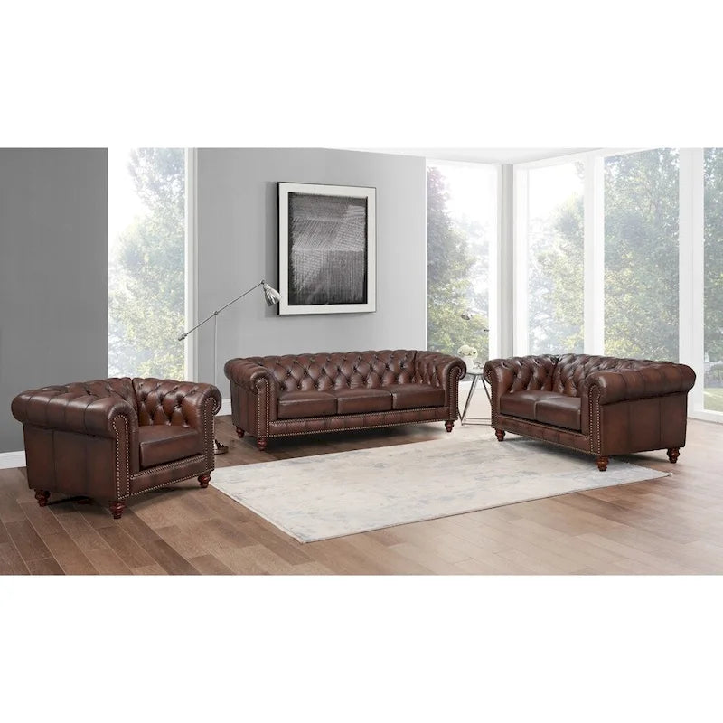 Leather Sofa, Solid Wood Loveseat And Chair - Sofa, Loveseat, Chair - Caramel Brown - Photo 1
