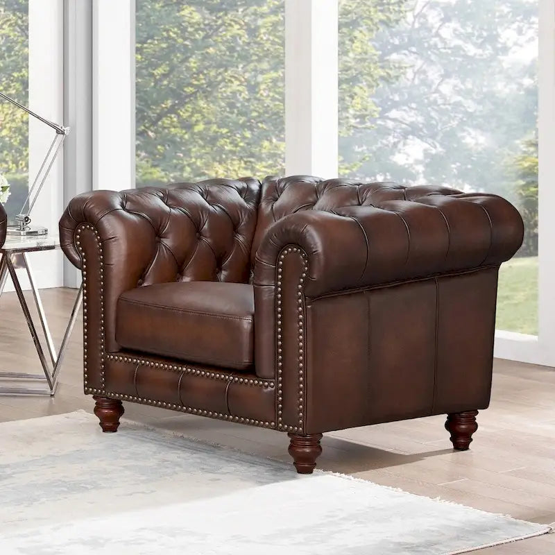 Leather Sofa, Solid Wood Loveseat And Chair - Sofa, Loveseat, Chair - Caramel Brown - Photo 4