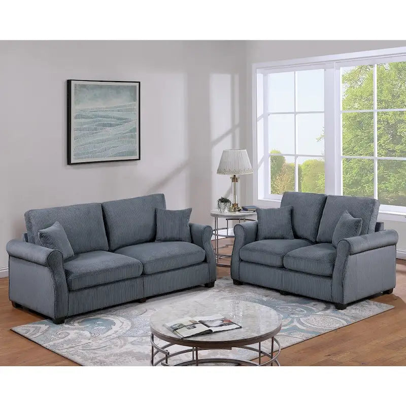 2 Piece Corduroy Upholstered Sofa Set with Thick Back and Seat