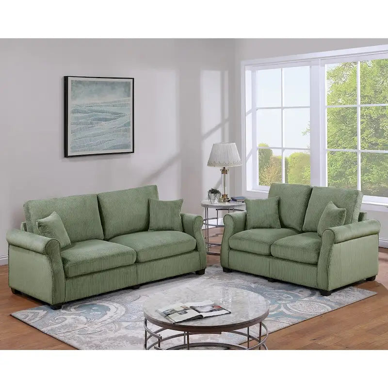 2 Piece Corduroy Upholstered Sofa Set with Thick Back and Seat