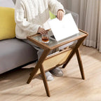 Bamboo Glass Top End Table, Accent Side Table w/ Storage Rack