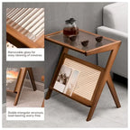 Bamboo Glass Top End Table, Accent Side Table w/ Storage Rack