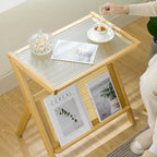 Bamboo Glass Top End Table, Accent Side Table w/ Storage Rack