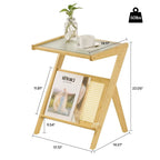 Bamboo Glass Top End Table, Accent Side Table w/ Storage Rack