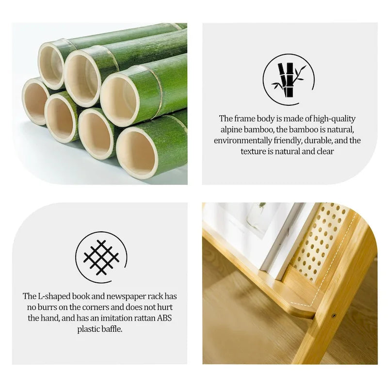 Bamboo Glass Top End Table, Accent Side Table w/ Storage Rack