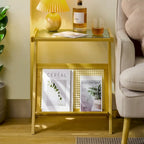 Bamboo Glass Top End Table, Accent Side Table w/ Storage Rack