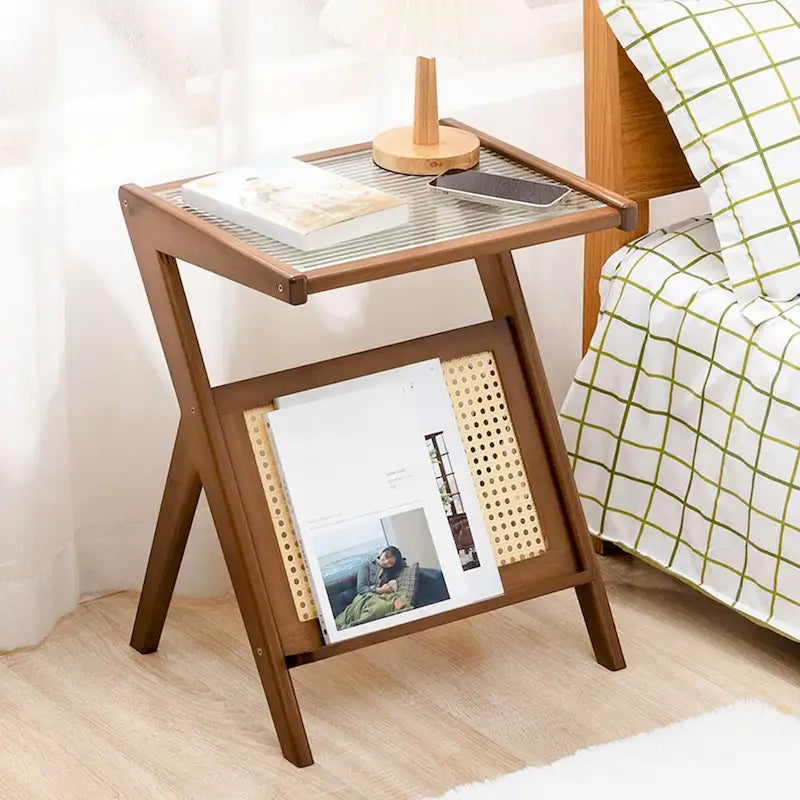 Bamboo Glass Top End Table, Accent Side Table w/ Storage Rack