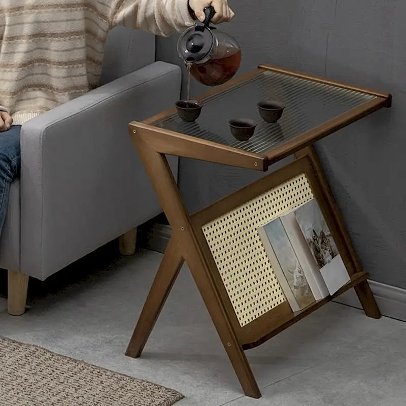Bamboo Glass Top End Table, Accent Side Table w/ Storage Rack