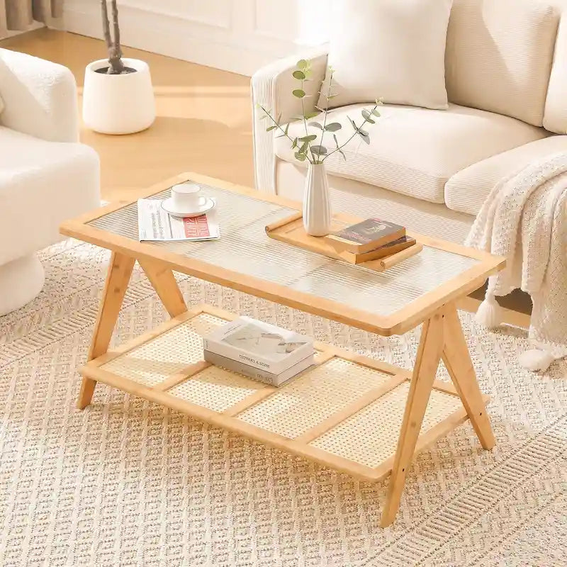 2-Tier Rectangular Coffee Table, Glass Top Sofa Table - 39.4L x 19.7W x 19.7D