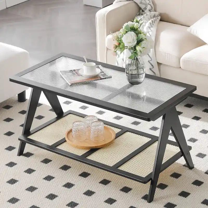 2-Tier Rectangular Coffee Table, Glass Top Sofa Table - 39.4L x 19.7W x 19.7D