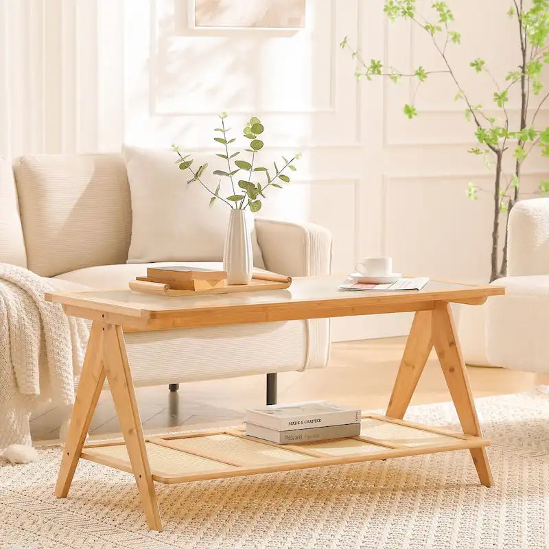 2-Tier Rectangular Coffee Table, Glass Top Sofa Table - 39.4L x 19.7W x 19.7D