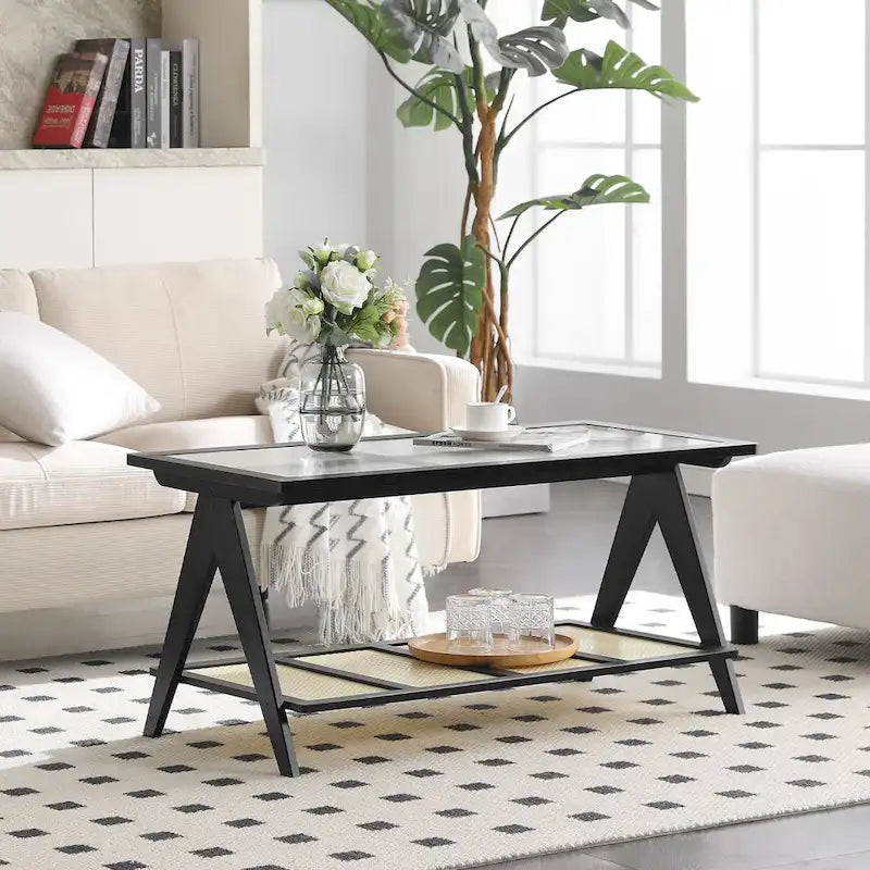 2-Tier Rectangular Coffee Table, Glass Top Sofa Table - 39.4L x 19.7W x 19.7D