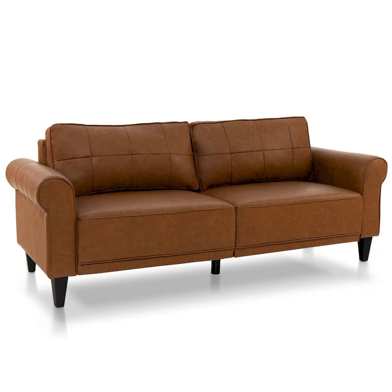 Modern Sofa Couch PU Leather 3-Seater with 2 Back Pillows Wooden Legs
