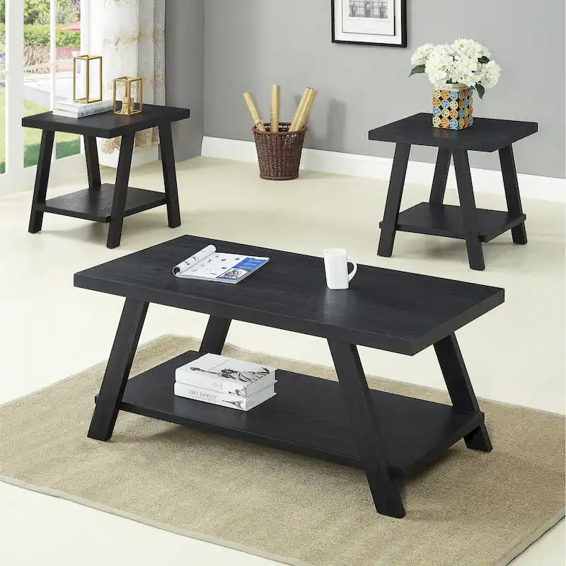 Contemporary 3-Piece Wood Shelf Coffee Table Set
