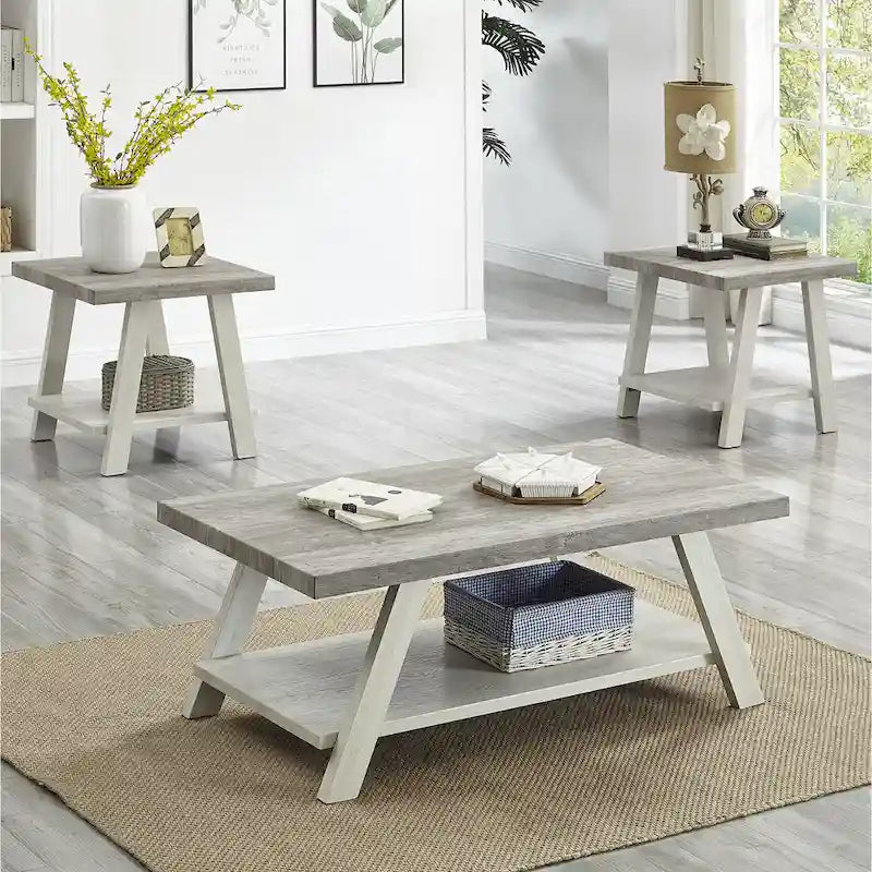 Contemporary 3-Piece Wood Shelf Coffee Table Set