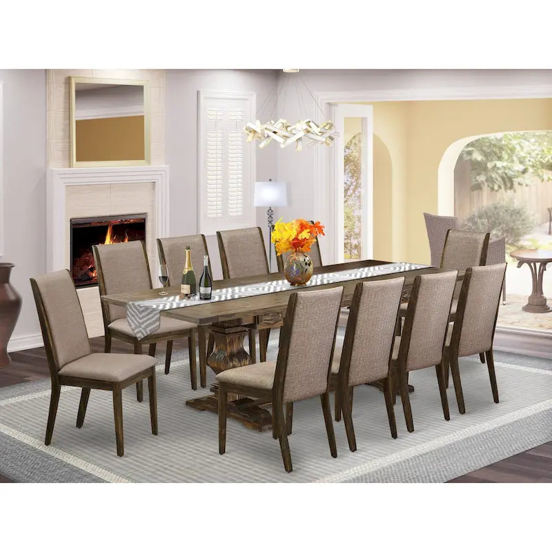 11 Walnut Dining Table Set - A Wooden Table And 10 Linen Fabric Upholstered Chairs(finish Options)