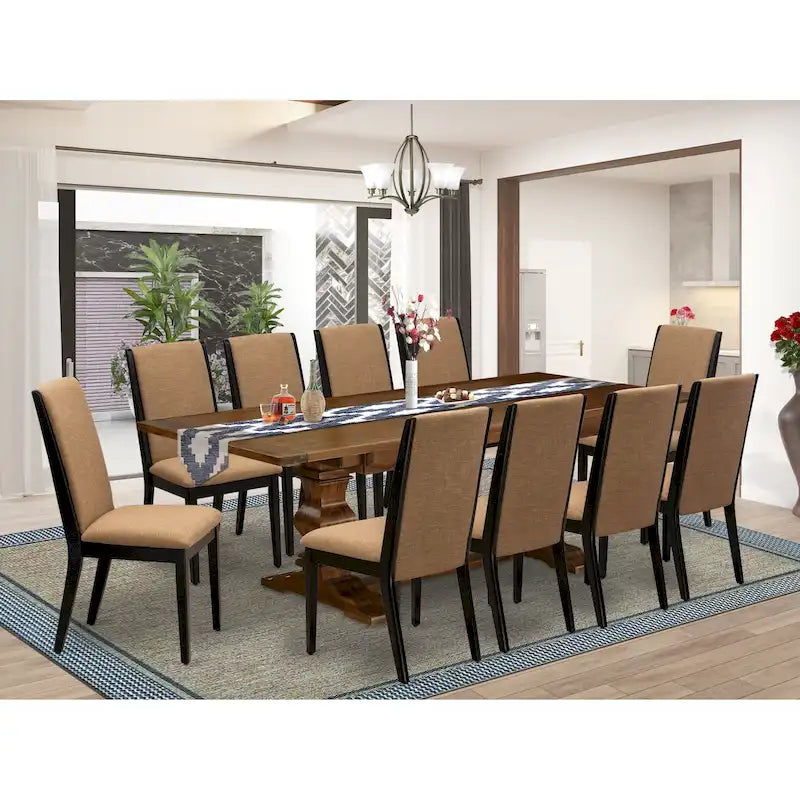 11 Walnut Dining Table Set - A Wooden Table And 10 Linen Fabric Upholstered Chairs(finish Options)