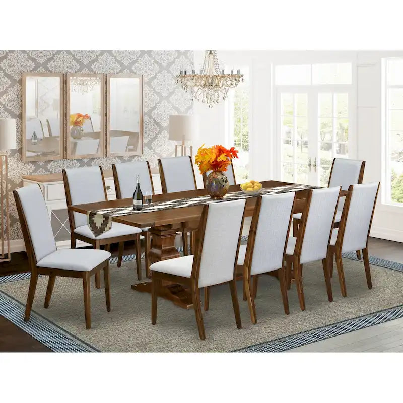 11 Walnut Dining Table Set - A Wooden Table And 10 Linen Fabric Upholstered Chairs(finish Options)