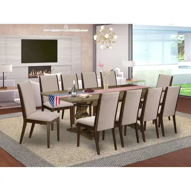 11 Walnut Dining Table Set - A Wooden Table And 10 Linen Fabric Upholstered Chairs(finish Options)