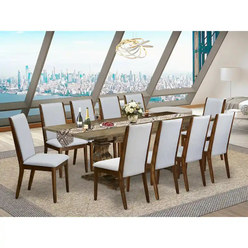 11 Walnut Dining Table Set - A Wooden Table And 10 Linen Fabric Upholstered Chairs(finish Options)