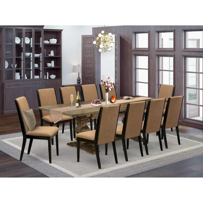 11 Walnut Dining Table Set - A Wooden Table And 10 Linen Fabric Upholstered Chairs(finish Options)