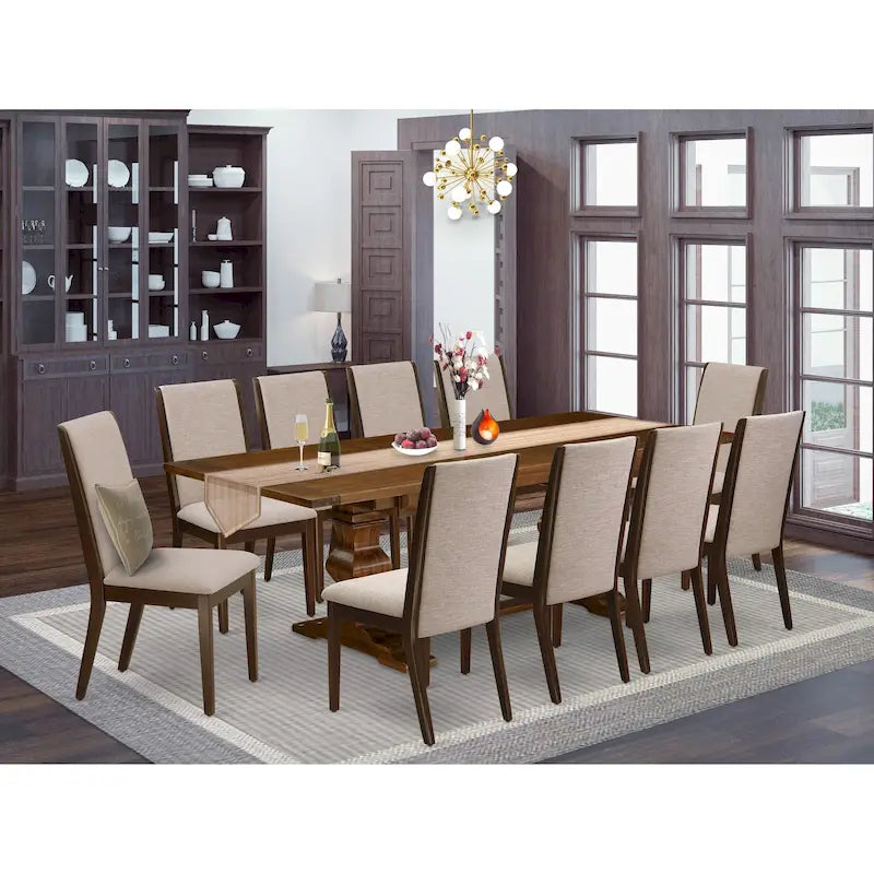11 Walnut Dining Table Set - A Wooden Table And 10 Linen Fabric Upholstered Chairs(finish Options)
