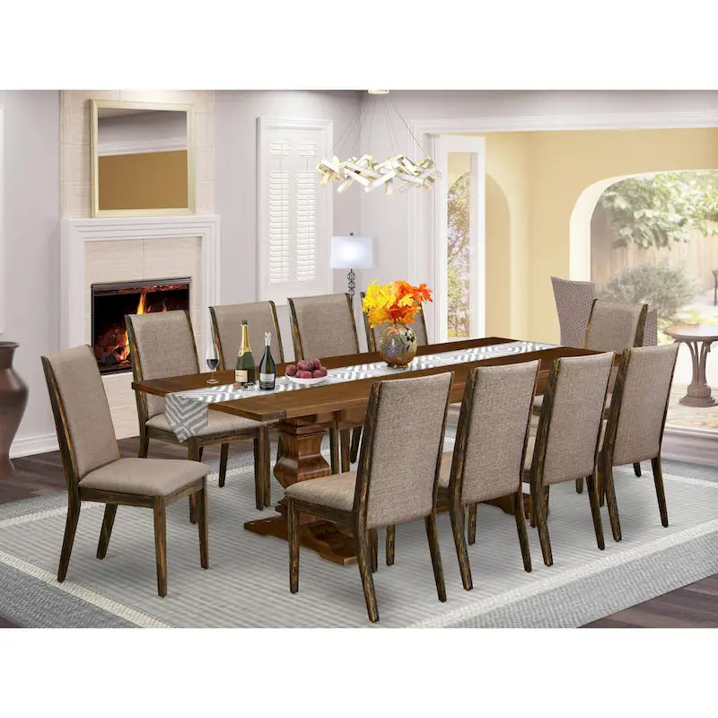 11 Walnut Dining Table Set - A Wooden Table And 10 Linen Fabric Upholstered Chairs(finish Options) - Lala - Photo 1