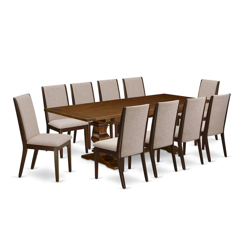 11 Walnut Dining Table Set - A Wooden Table And 10 Linen Fabric Upholstered Chairs(finish Options) - Photo 22