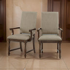 Tom 26 Inch Dining Armchair, Beige Polyester, Nailheads, Brown Solid Wood