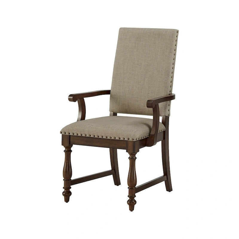 Tom 26 Inch Dining Armchair, Beige Polyester, Nailheads, Brown Solid Wood