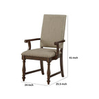 Tom 26 Inch Dining Armchair, Beige Polyester, Nailheads, Brown Solid Wood