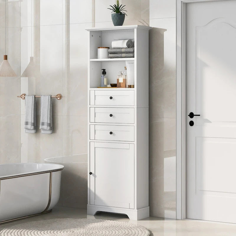10 in. W x 22 in. D x 68.3 in. H White MDF Linen Cabinet with 3 Drawers and Adjustable Shelves